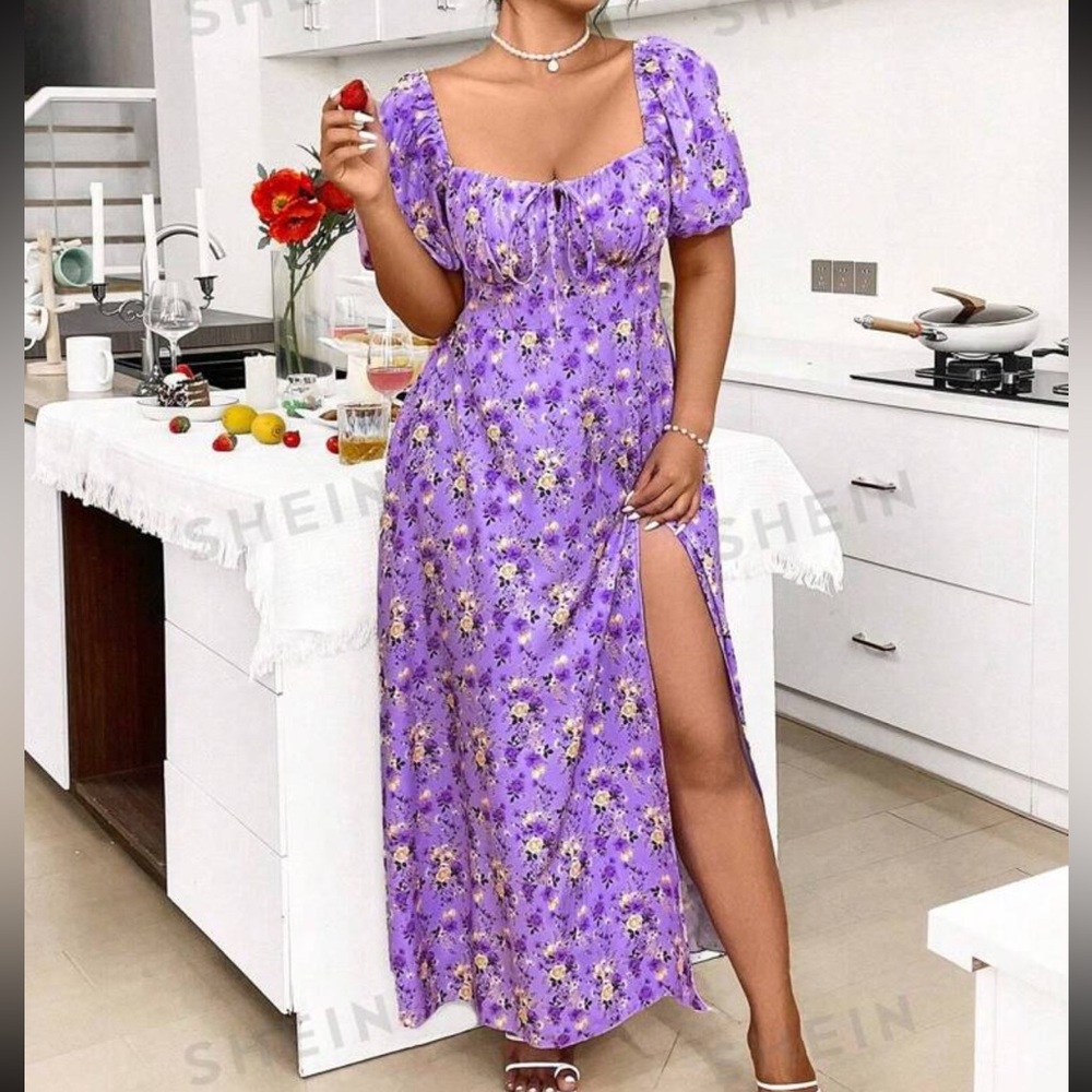 SHEIN Dark Purple Floral Dress 2x NWOT